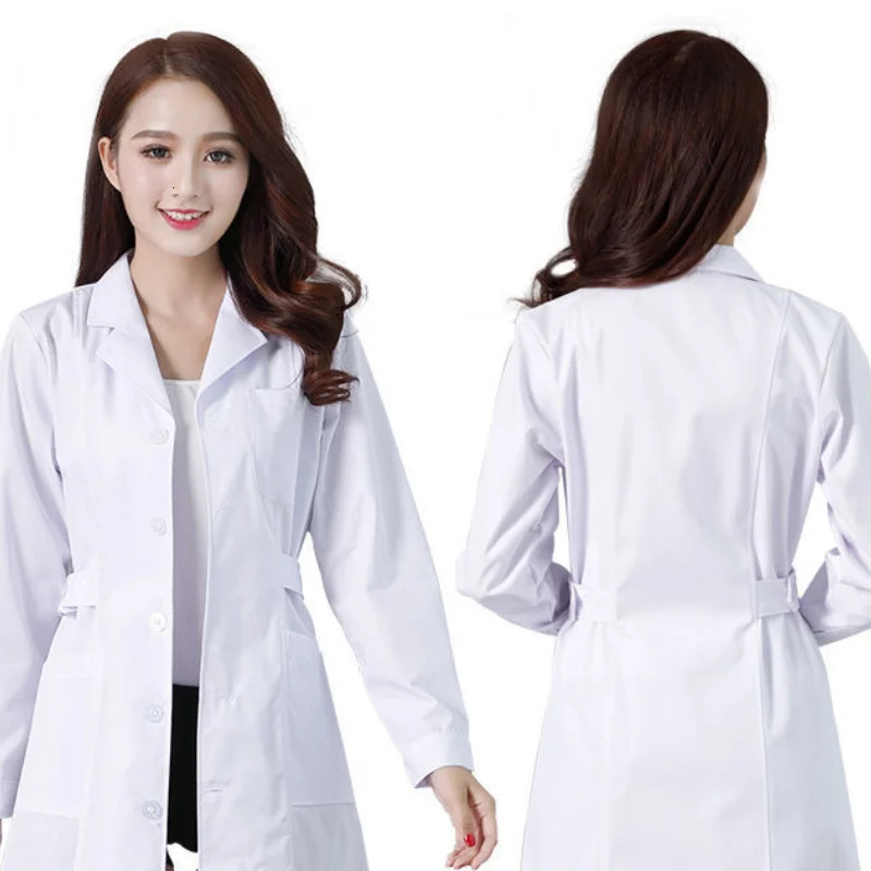 Womens Fashion Lab Coat Short Sleeve Doctor Nurse Dress Long Sleeve Uniforms White Jacket Waist Belt 250217