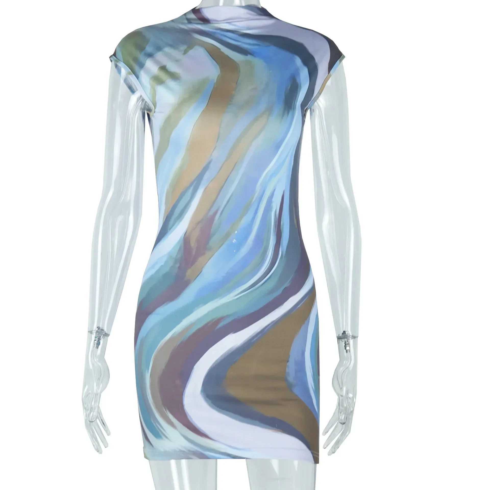 Basic Casual Dresses Fashion Women Tie Dye Print O-neck Backless Bodycon Mini Dress 2025 Sexy Sveless Slim Night Club Party Evening Dresses H25217