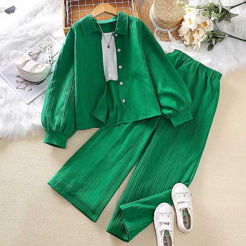 Girls set 8-12 year green long sleeved top+green pants for girls Korean sled set summer casual clothing setXJ250410
