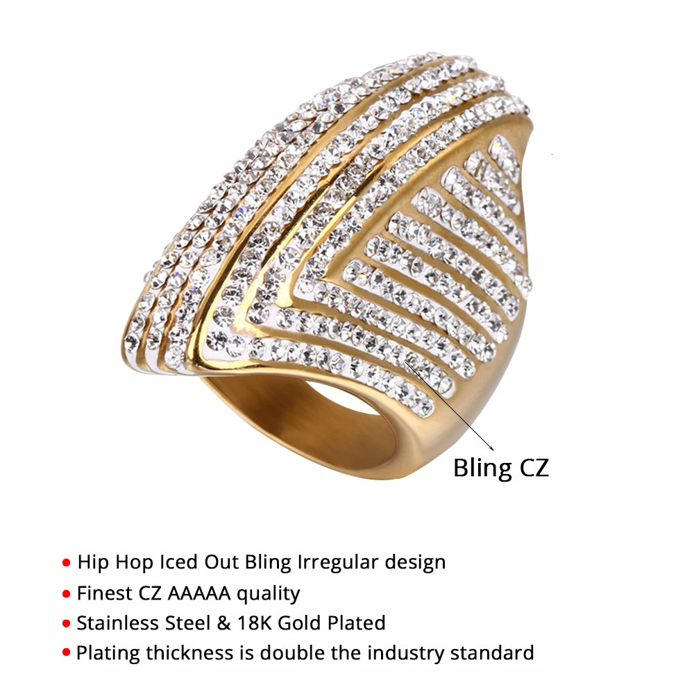 Hip Hop Iced Out Bling Big Oval Ring Female Gold Color Stainless Steel Large Cocktail Rings For Women Party Jewelry Gift 250214