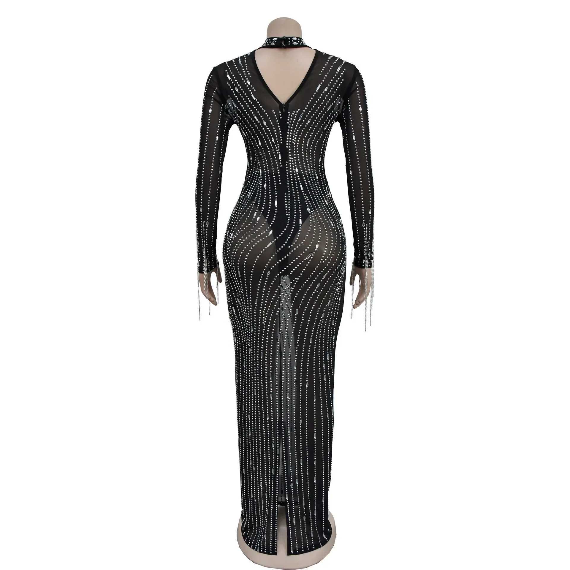 Basic Casual Dresses 2025 Women Long Slve Mesh S Through Diamonds Hot Rhinestones Bodycon Dress Woman Maxi Long Evening Birthday Dresses H25217