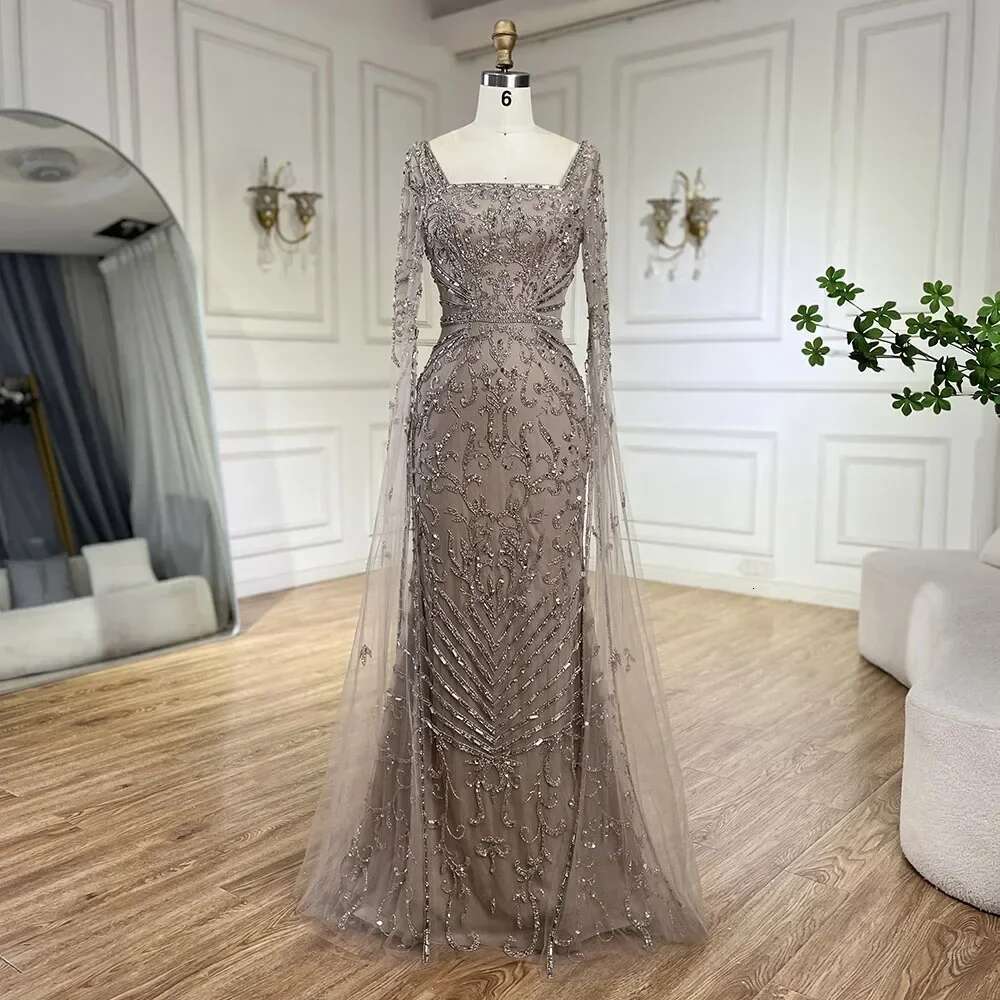Caramel Arabic Mermaid Long Evening Dress With Beaded Cape Sleeves Gown Evening Party Customize