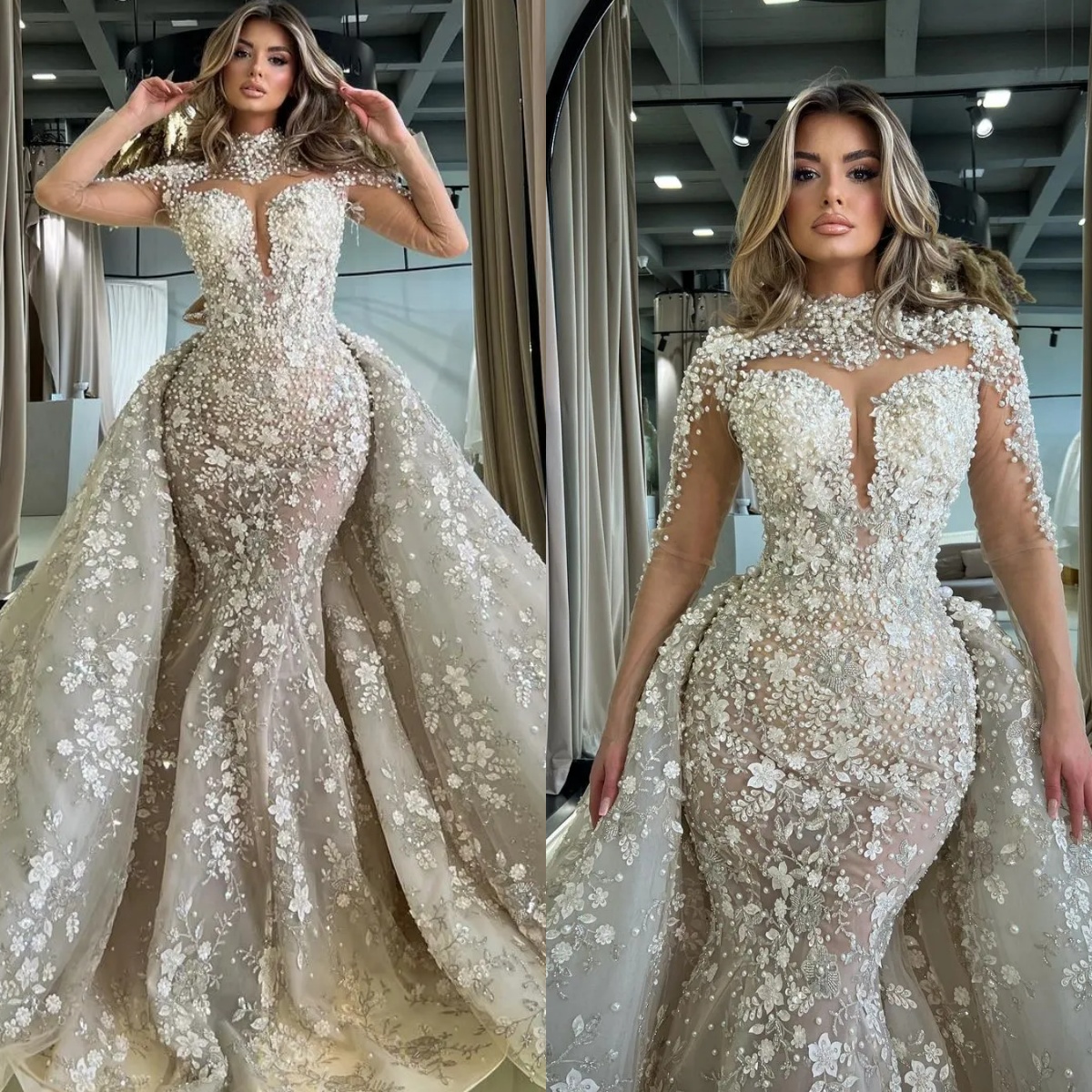 Gorgeous Appliques Wedding Dresses Pearls Mermaid Bridal Gowns with Overskirts Customized Long Sleeves Princess Sweep Train Bride Dress Vestidos De No