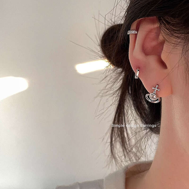 Cross Saturn Women's Three Dimensional Metal Universe Planet Simple Basic Daily Earrings