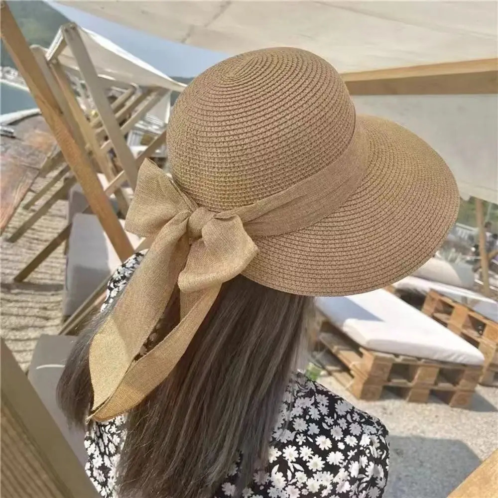 Bowknot Sun Hat Summer Breathable Wide Brim Beach Cap UV Protection Casual Straw Hat for Women 250218