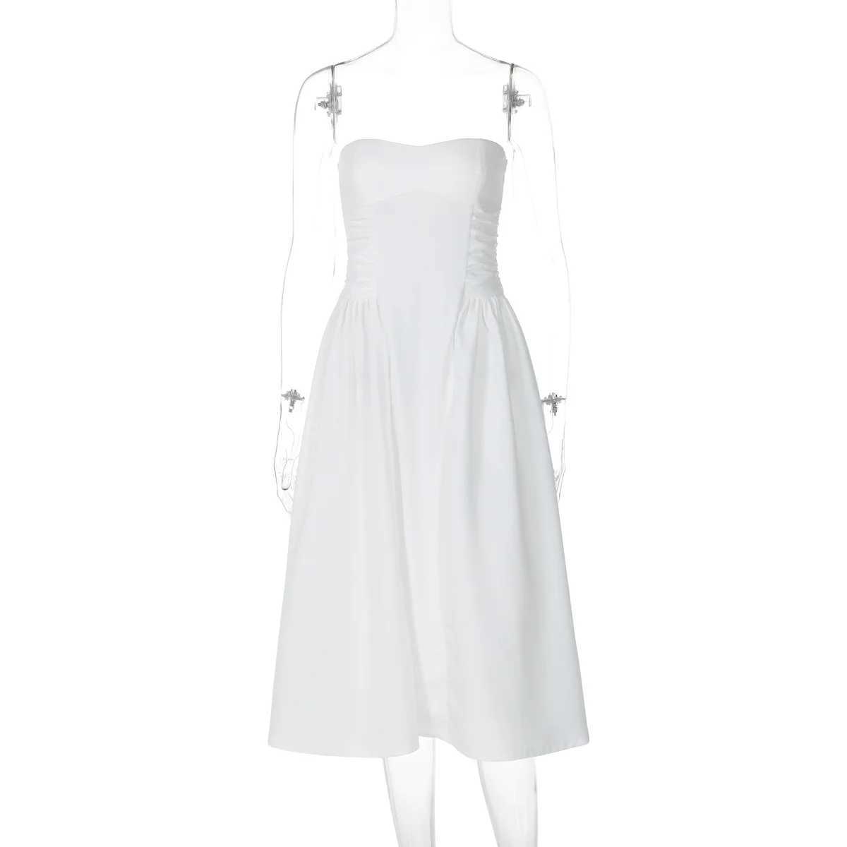 Basic Casual Dresses Lygens Strapless Ruched Midi Long WomenS Dresses Elegant Evening Prom Ladies Dresses Solid New A Line Korean Casual Clothes H2521