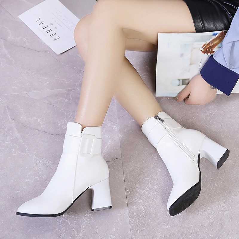 White Black Thick High Heel Ankle Boots Women 2020 Pointed Toe Keep Warm Elegant Short Booties Ladies Ankle Buckle DecoratiXJ250217