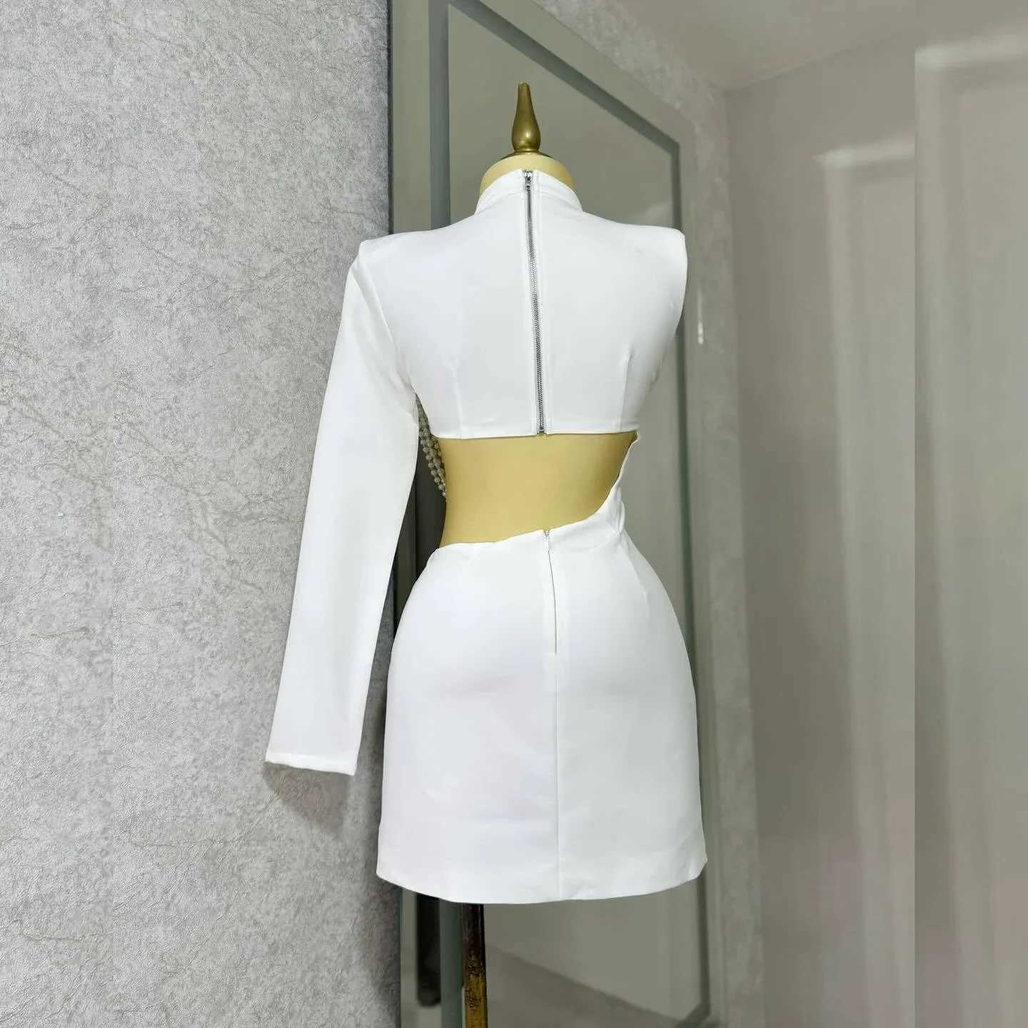 Basic Casual Dresses Women Full Slve Elegant O-neck Mini Dress 2025 Summer Pearl String Sexy Strt Night Club Party Vestidos Dresses H25217