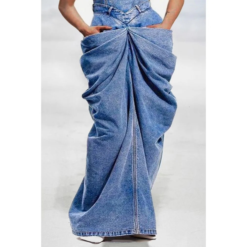 Plus Size Fashion Womens Dress Blue Bow Overalls Four Seasons Folding Denim Long Skirt 250214