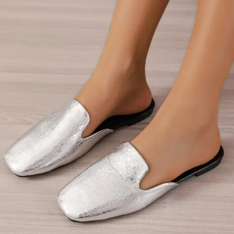 Summer Flat Shoes Womens Closed Toe Slippers Square Toe Light Slip on Mules for Women Outdoor Ladies Causal Slides Shoes 250217