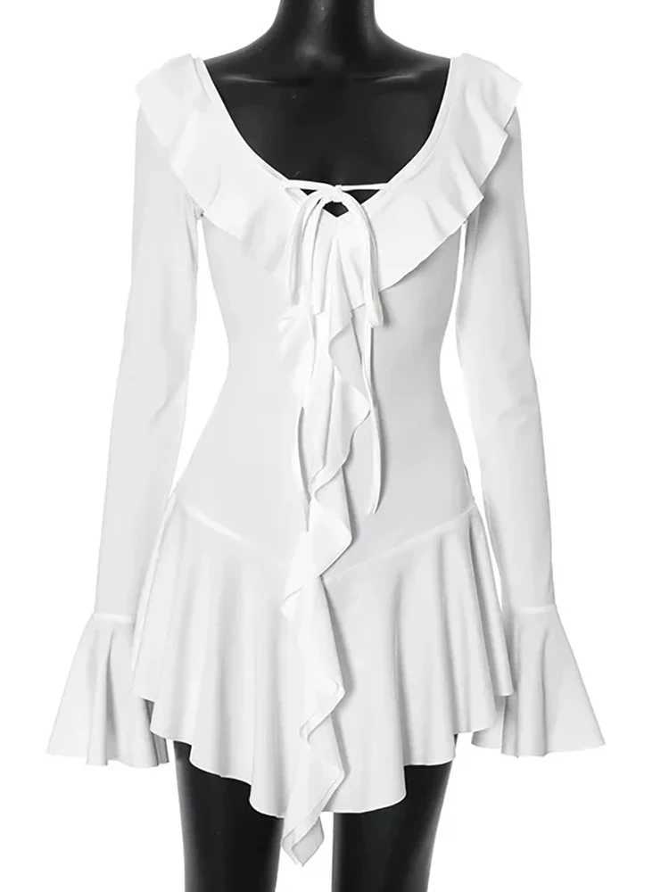 Basic Casual Dresses Fantoye Elegant Flare Slve Ruffles Bandage Women Dress White Dp V-neck Mini Dress Female Autumn Slim Fashion Party Clubwear H2521