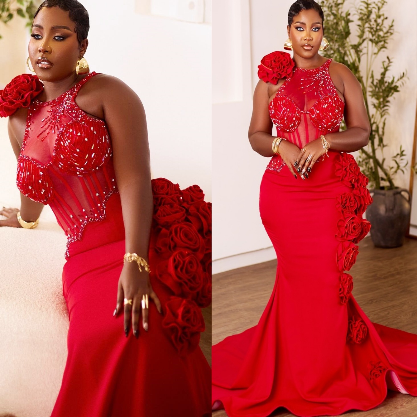Aso Ebi 2025 Red Mermaid Prom Dresses Beaded Crystals Flowers Satin Sheer Neck Evening Formal Party Second Reception Birthday Gowns Dress For Special 