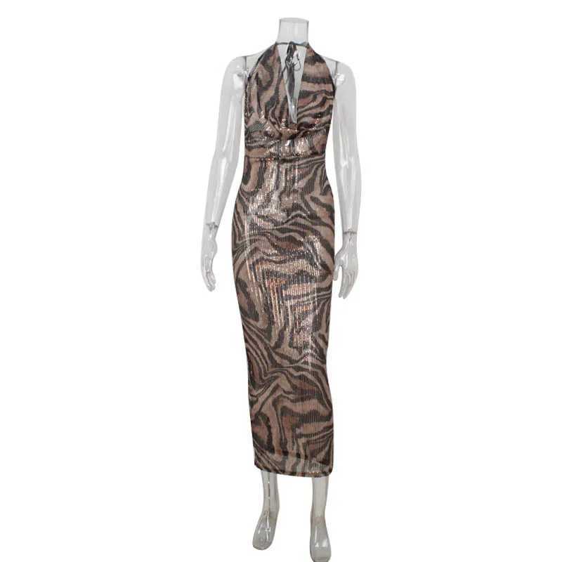 Basic Casual Dresses Ahagaga Fashion Leopard Sequins Womens Party Dresses Sexy Dp V-Neck Slveless Slim Fit Bodycon Maxi Elegant Vestidos Robes H25217