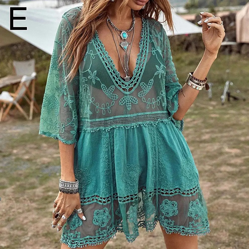 Sexy Womens Mesh Bikini Coverup Deep Vneck Swimsuit Set Summer Beach Short Sleeve Dress Lace Hollow Out Clothes 250212