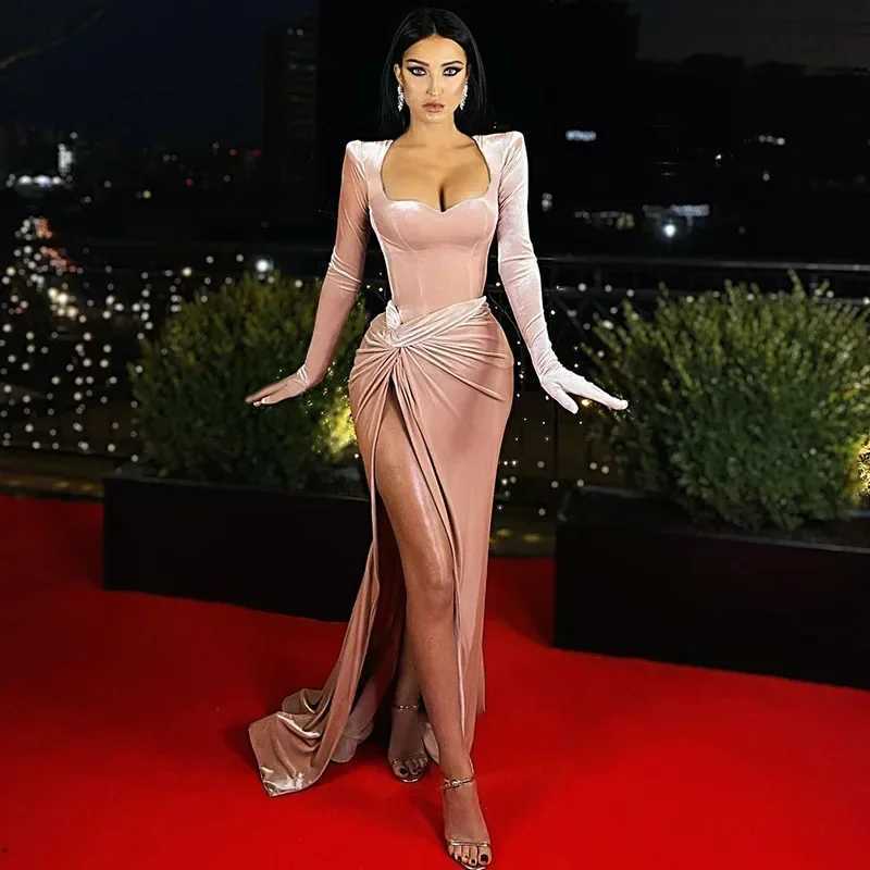 Basic Casual Dresses Elegant Velvet Slash Neck Long Slve With Gloves Bandage Evening Party Club Floor Length Dress Women Sexy Split On Long Dresses H2