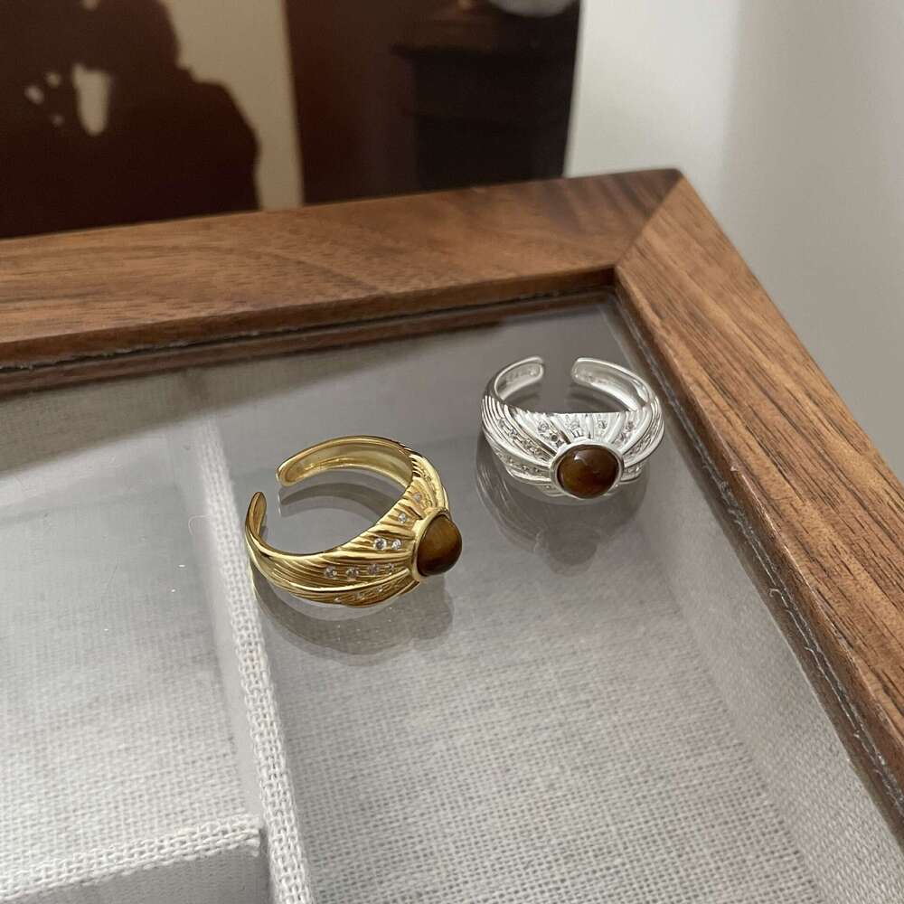 Tiqi S pure silver antique style tiger eye stone for women a high-end feel, slightly inlaid with sparkling zirconium wide version index finger ring tr