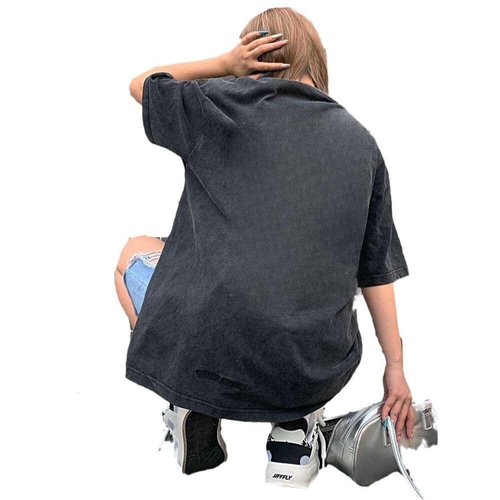 Summer Stir Fried, Washed, Made Of Old Stickers, Embroidered Hardware, Round Neck, Short Sleeved T-Shirt