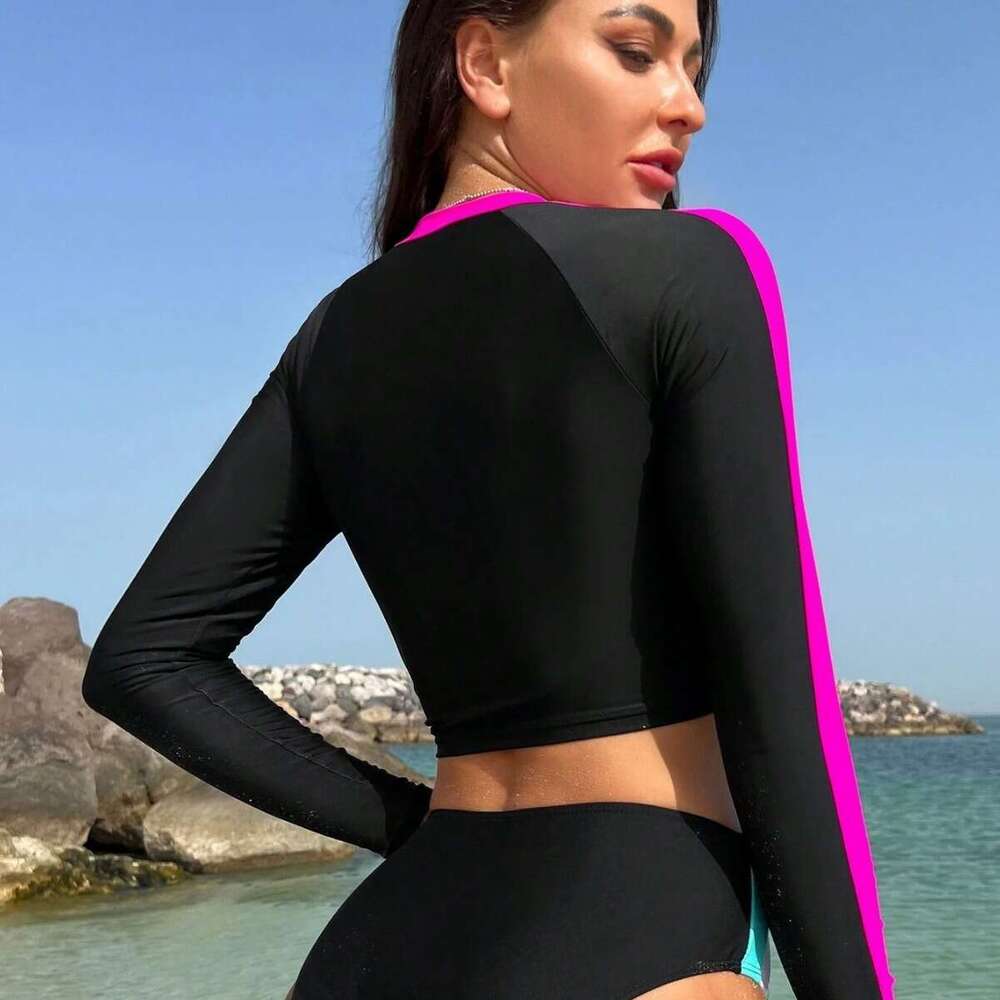 Qianmo 2025 Split Color Blocked Long Sleeved Sunscreen Triangle Surfing Snorkeling Suits Female Swimsuit Womens Swimwear New Product New Arrival