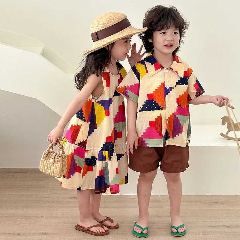 Vacation Sle Childrens Clothes Boys Lapel Shirt Shorts 2pcs Girls Colorful Print Sleeveless Dress Siblings Summer Outfit W250218