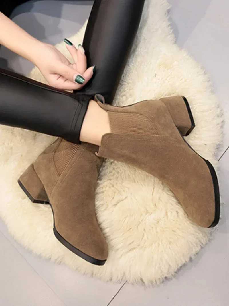 Women Ankle Boots Autumn Winter Boots Slip- Round Toe 3.5cm Square Heel Solid Casual Black Camel Booties Size 35-43XJ250217
