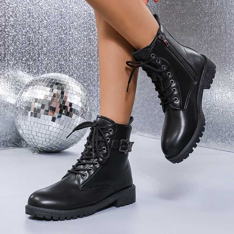 Punk Butterfly Buckle Ankle Boots Women Black Pu Leather Lace Up Motorcycle Boots Woman N Slip Platform Combat Botas Mujer 42XJ250217