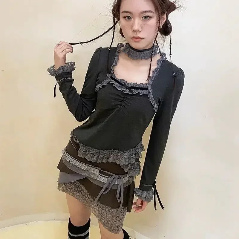Autumn Long Sleeve Square Collar Patchwork Lace tie Tunic Tees Irregular Vintage T-shirt Y2k Tops for Women Ropa Mujer 250206