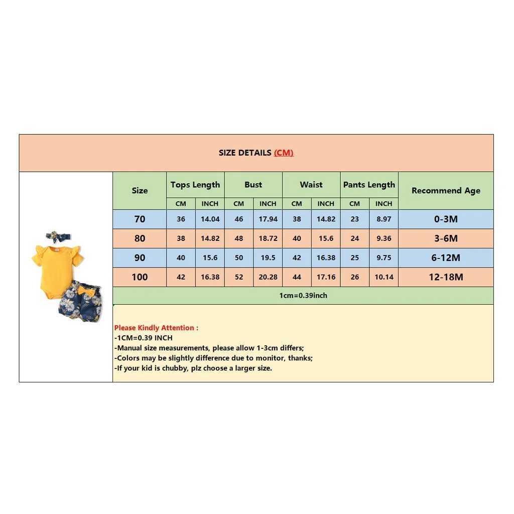 3-piece set of baby clothing solid color pleated short sleeves tight fitting clothes+floral short sleeves+headband cute summer clothing lasting 0-18 m