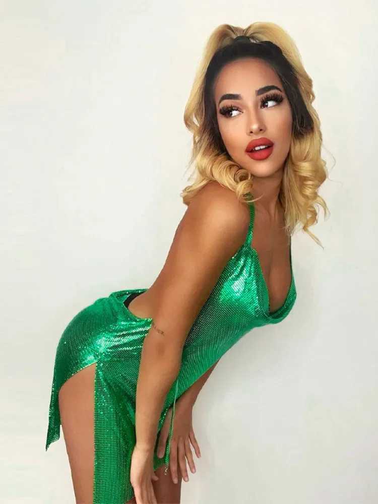 Basic Casual Dresses Bright Silk Bodycon Dress For Women Y2k Clothes Swinging Collar Sexi Night Dress Hot Club Outfit Split Vestido De Mujer Backless 