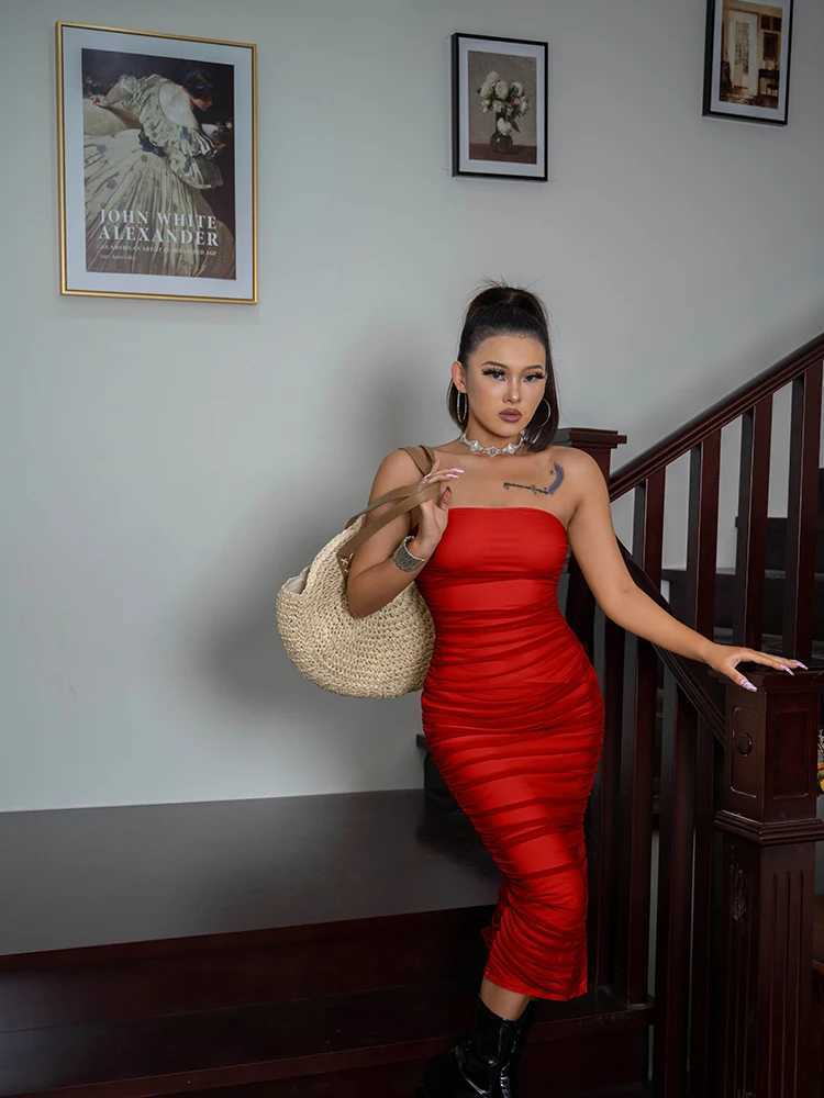 Basic Casual Dresses Women Summer Strapless Sexy Slit Bobycon Dress High Waist Off The Shoulder Ruched Dresses H25217