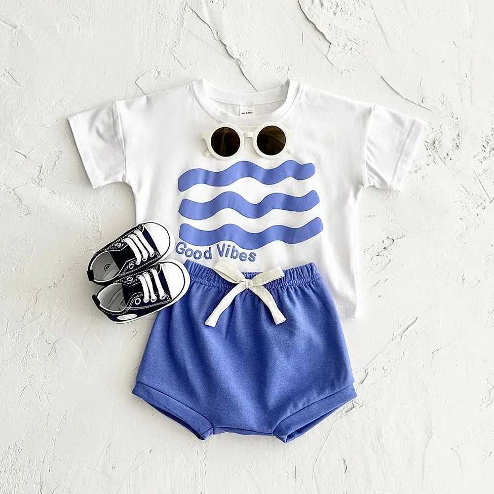 Toddler Boys Outfit Baby Clothes Set Newborn Baby Summer Clothing Cotton Girl Suit Sun Flower Print T-shirt+Beach Shorts W250218
