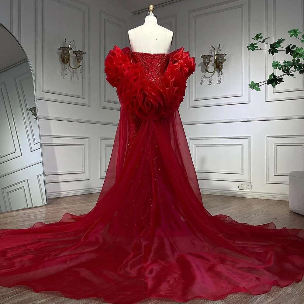 Long Red Cape Mermaid Evening Dresses Gowns With Puff Sleeves Beaded Overskirt And Design Party Customize BLA
