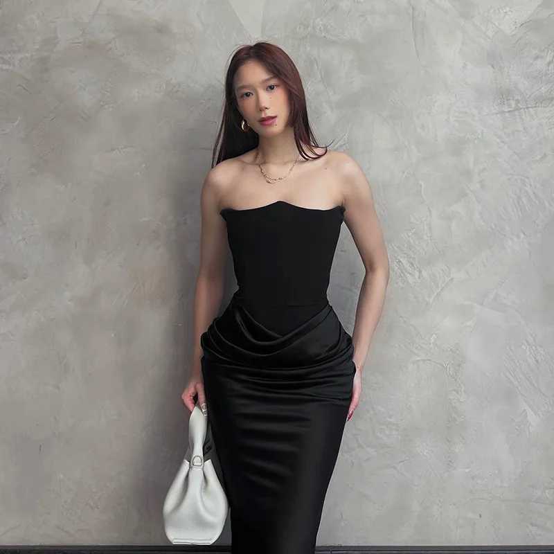 Basic Casual Dresses Lygens Satin Ruched Zipper Strapless Corset Slit Bodycon Elegant Dress Evening Dropshipping Y2K Dropshipping Casual Clothes H2521