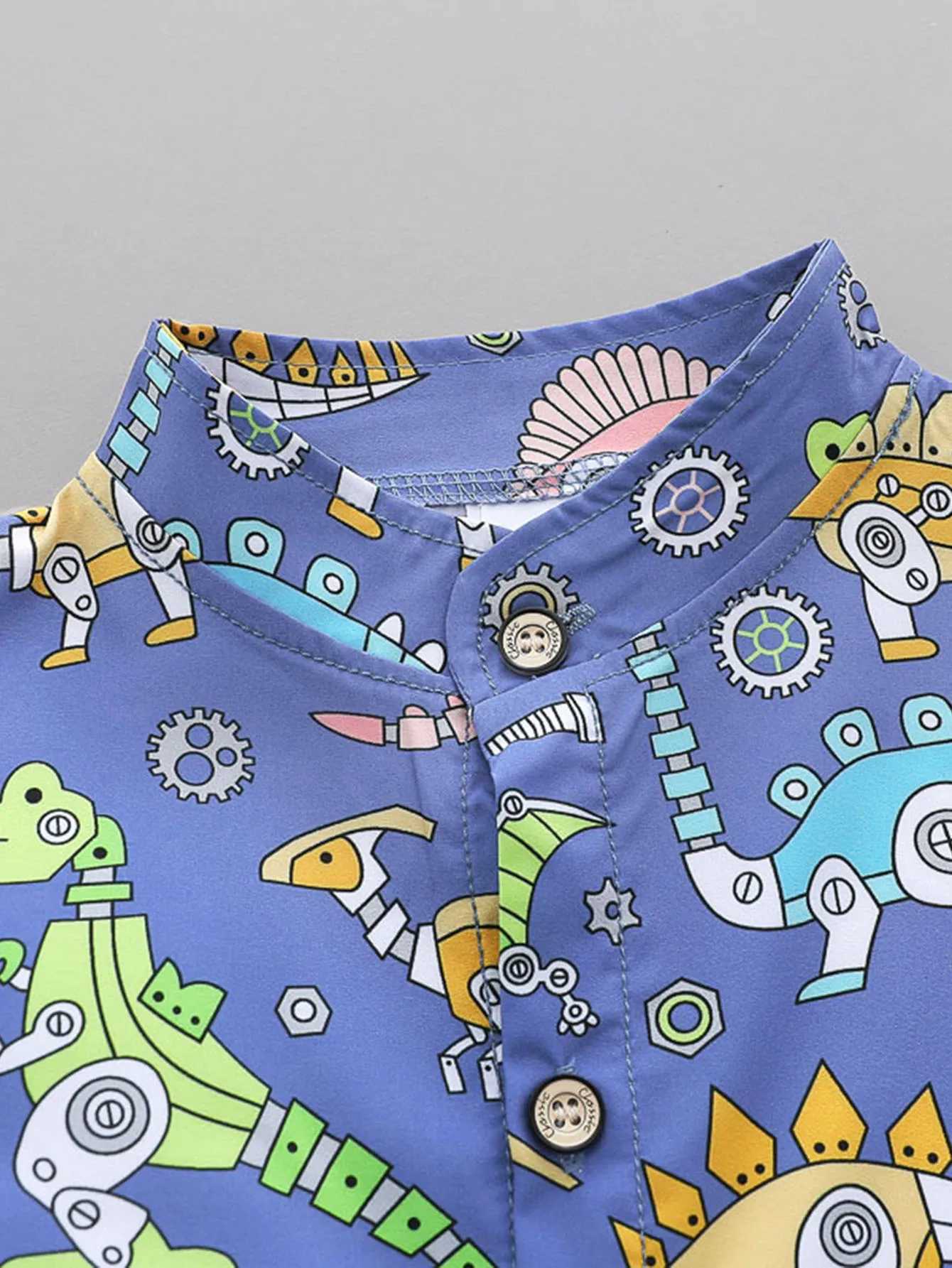 2PCS baby and toddler summer full print machine dinosaur pattern standing collar shirt short sleeved shorts set W250218
