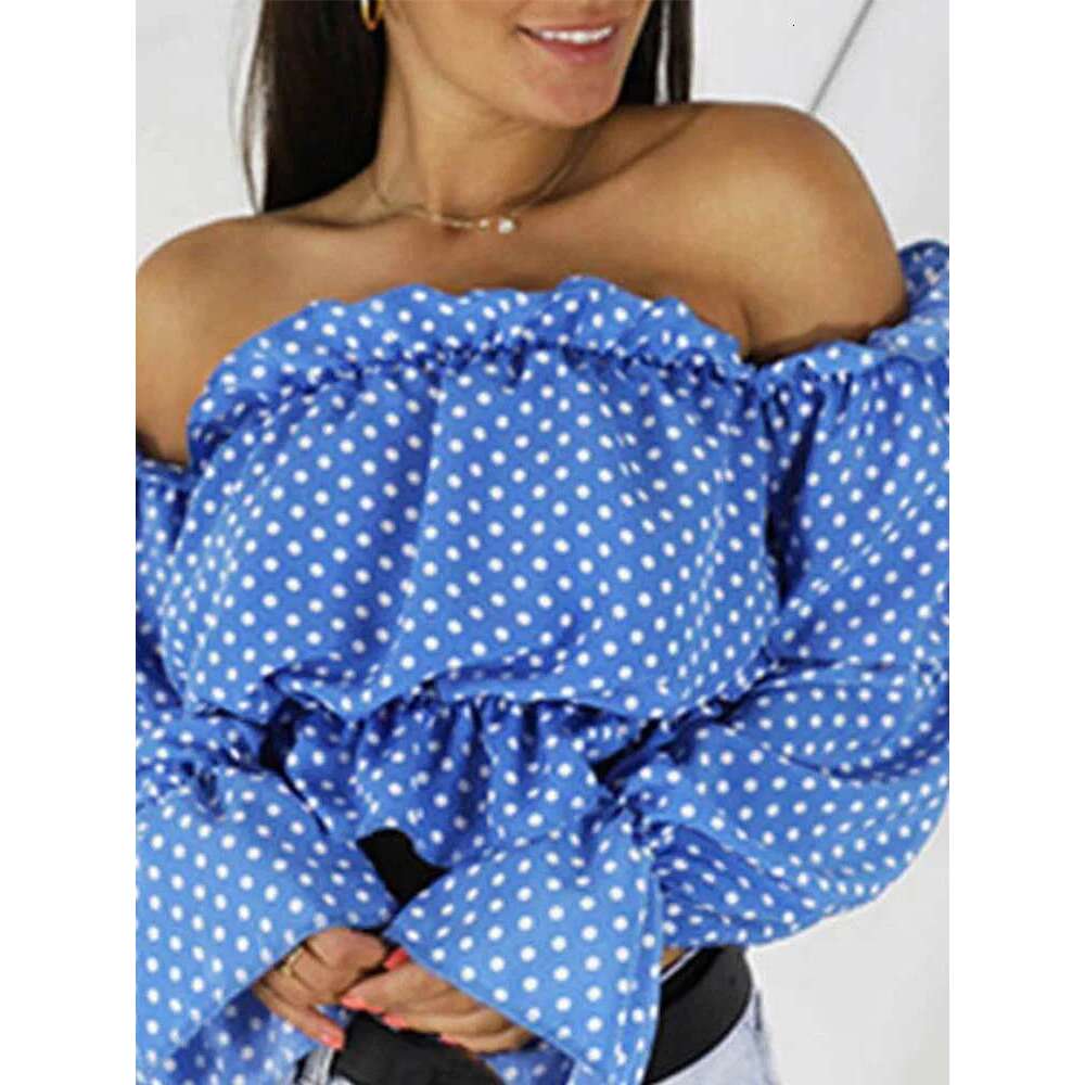 2024 Candy Color Off Shoulder Crop Tops Women Summer Dot Print Lantern Sleeve Shirts Lady Sexy Slash Neck Beach Blouse