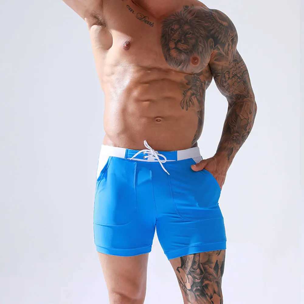 Mens elastic swim trunks quick drying swimsuit beach shorts with pockets surfing swimsuit water sports pants M250218