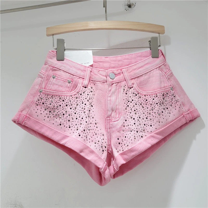 Fashion Retro Rhinestone Denim Shorts Women Summer A- Line Wide Leg Short Pants Ultra Short Booty Shorts for s 250217