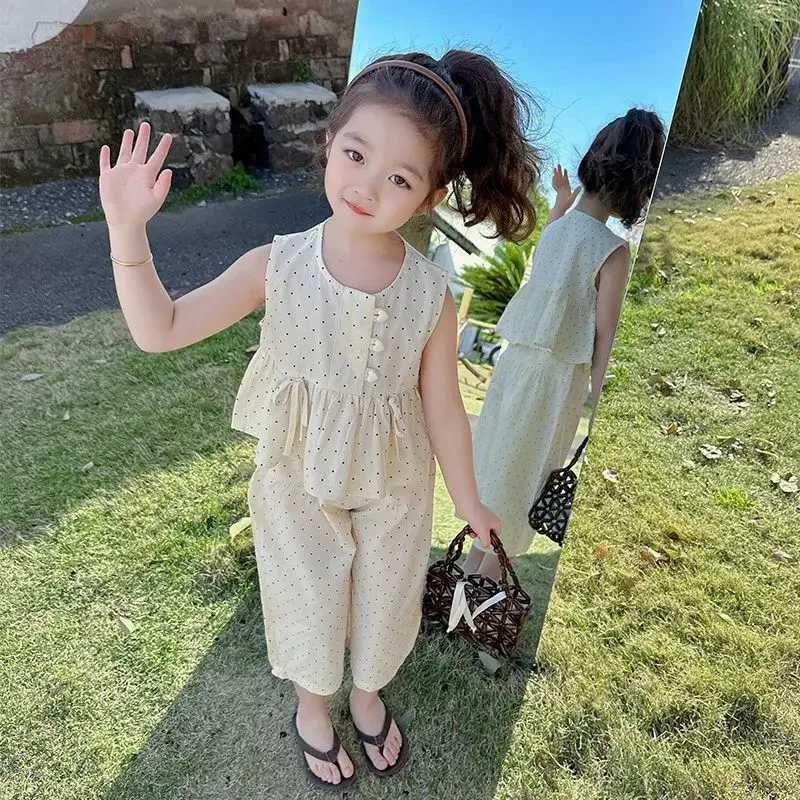 Baby girl casual clothing summer sleeveless polka dot top+wide leg pants set with bow and Burton 2PCS set childrens clothing W250218
