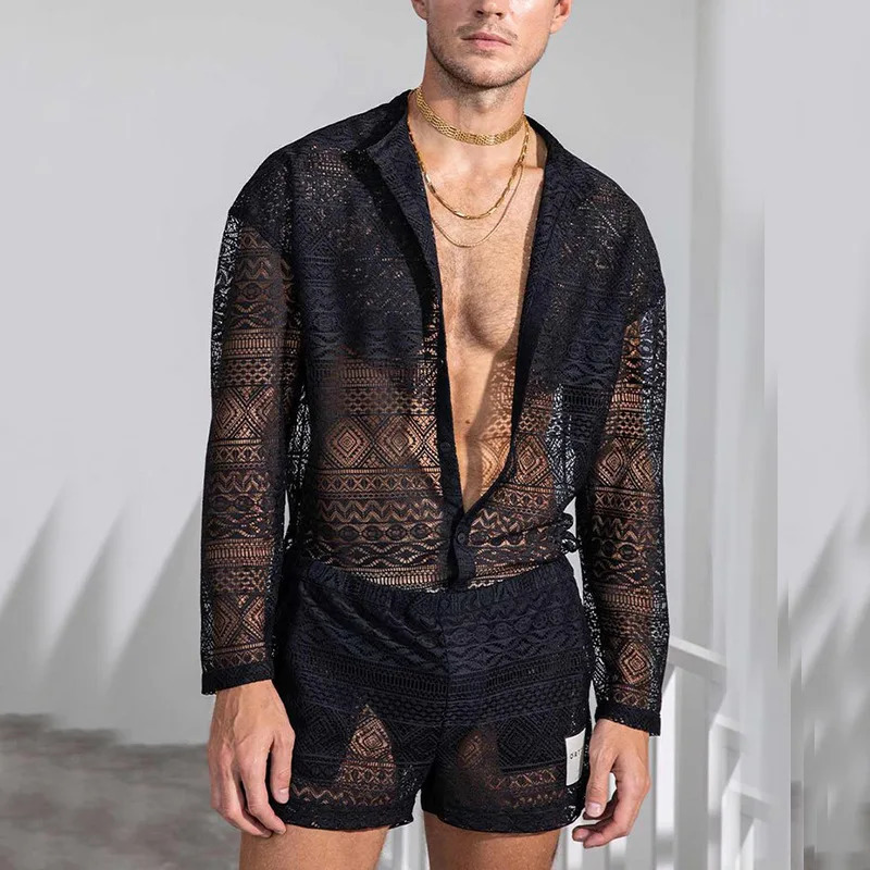 2024 Cross-border European and American mens long-sleeved lace cut-out shirt casual shorts mens suit 250217