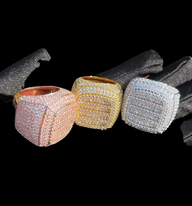 18K Gold plated baguette cutting jewelry champion rapper men ring Iced Out 925 Silver Hip Hop Moissanite Mens Ring