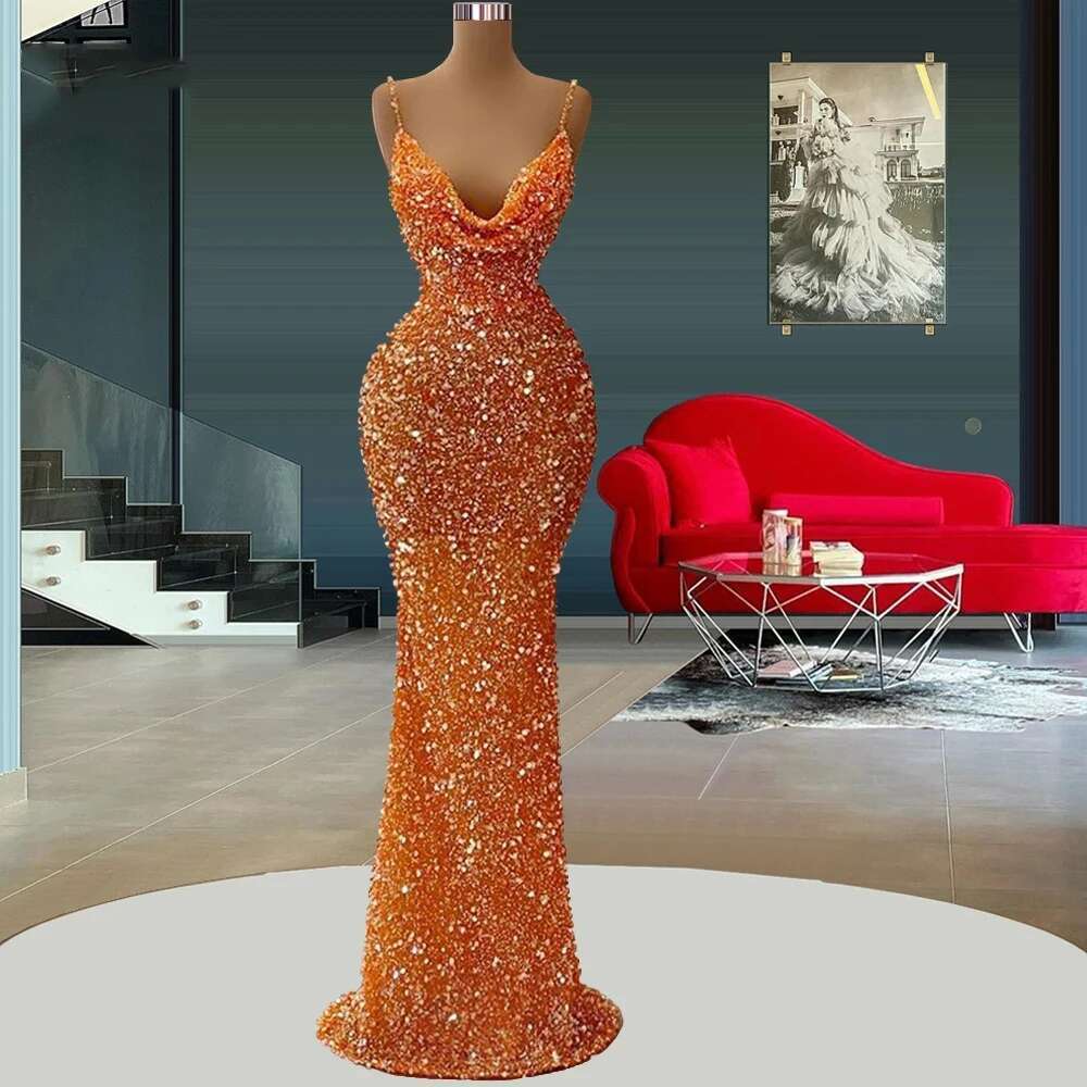 Sparkg Orange Mermaid Evening Dresses Women S V Neck Sleeveless Sequins Princess Prom Gowns Formal Party Robe Customized leeveless equins