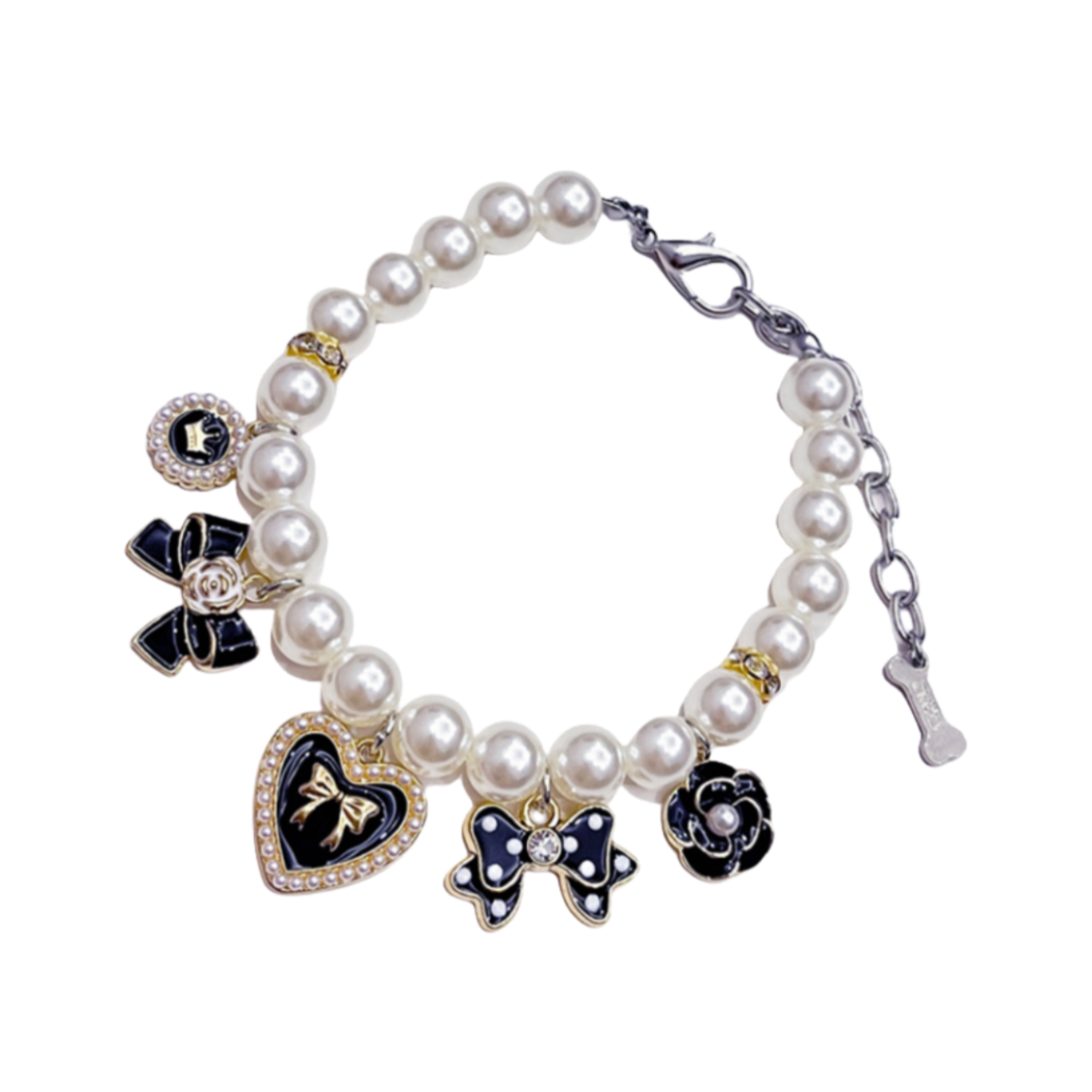 Luxury Dog Pearl Necklace with Love, Bow, Flower, 5 Black Gold Charms, Cat Dog High Quality Pearl Necklacefor for Small Medium Dogs Birthday Gift, Adj