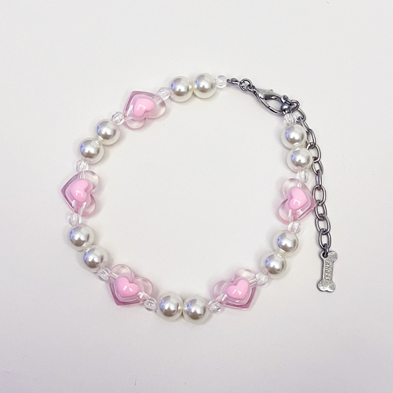 Fashion Pink Love Pearl Dog Necklace with Adjustable Jewelry Buckle, Small Medium Dogs Neck Decoration Necklace for Birthday Valentine's Day and 