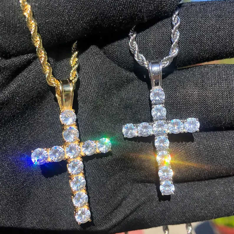 18K Gold Plated 925 Sterling Silver Cross Pendant VVS1 Iced Out Moissanite Pendant Necklace Mens Hip Hop Jewelry