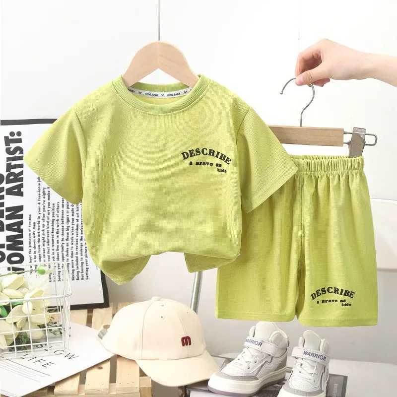 Boys Clothing Set Summer Waffle Short-sleeve Shirts+shorts 2pcs/set for Kids Girls Sports Suits Toddler Tracksuits Clothes W250218