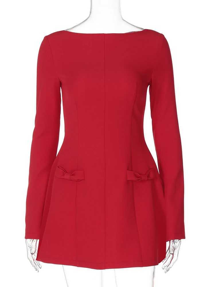 Basic Casual Dresses Fantoye Round Neck A-line Bow Women Dress Red Long Slve High Waist Blazer Dress Female Autumn Slim Elegant Party Club Outfits H25