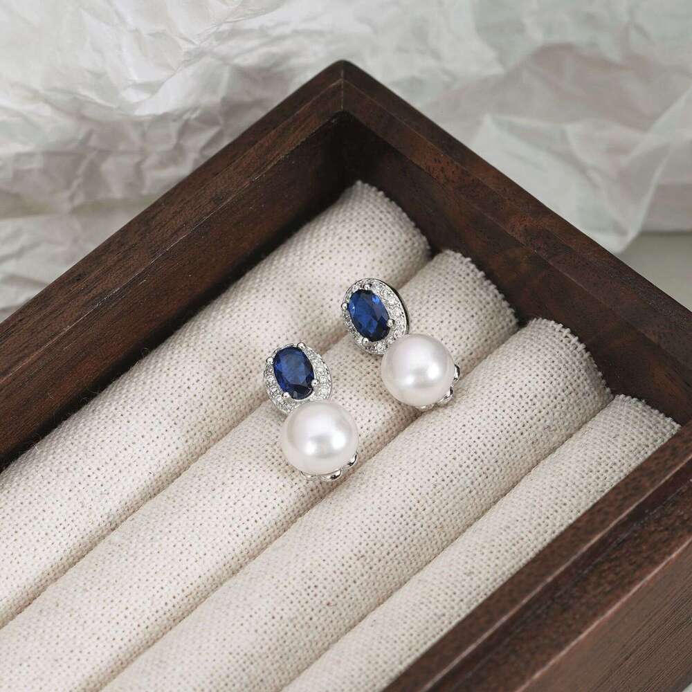 Tiqi S pure sier French freshwater pearl with women's palace style and blue zirconium inlay, niche high-end earrings