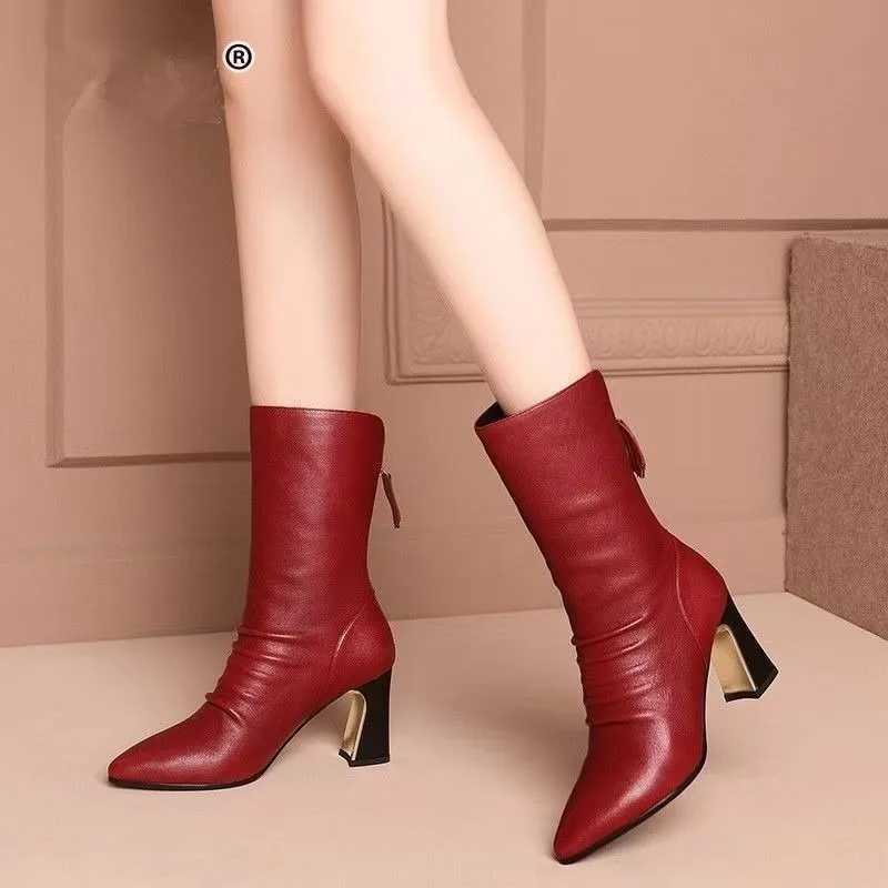 2024 Women Soft Leather Mid Calf BootsFi High Heels ShoesPointed Toe Short BotasBack ZipBlackRedDropshipXJ250217