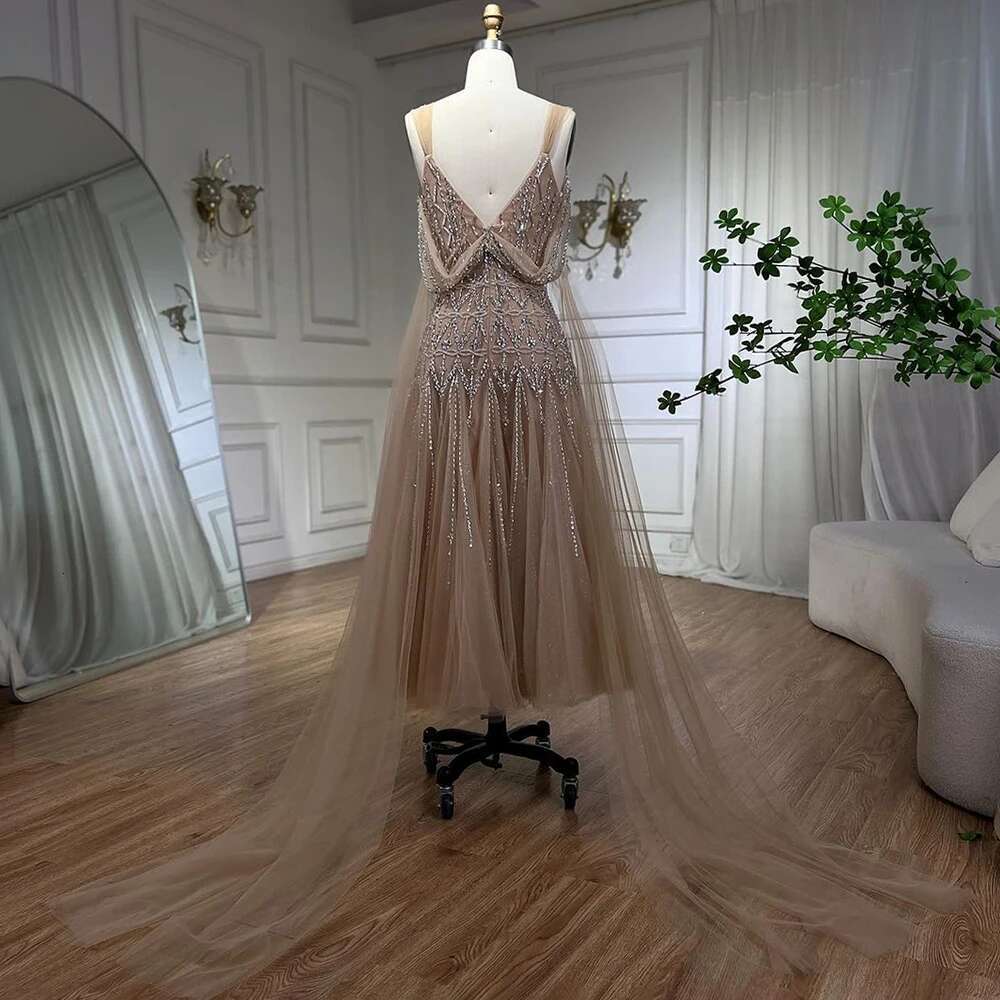 Nude Arabic A E Sexy Midi Straps Cape Sleeves Beaded Evening Dresses Gowns For Women Prom dresses Party