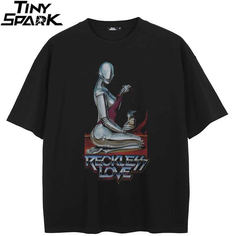2024 T-Shirt Streetwear AI Robot Love Graphic T Shirt Cotton Hipster Men Tshirt Unisex Tops Tees Black Hip Hop