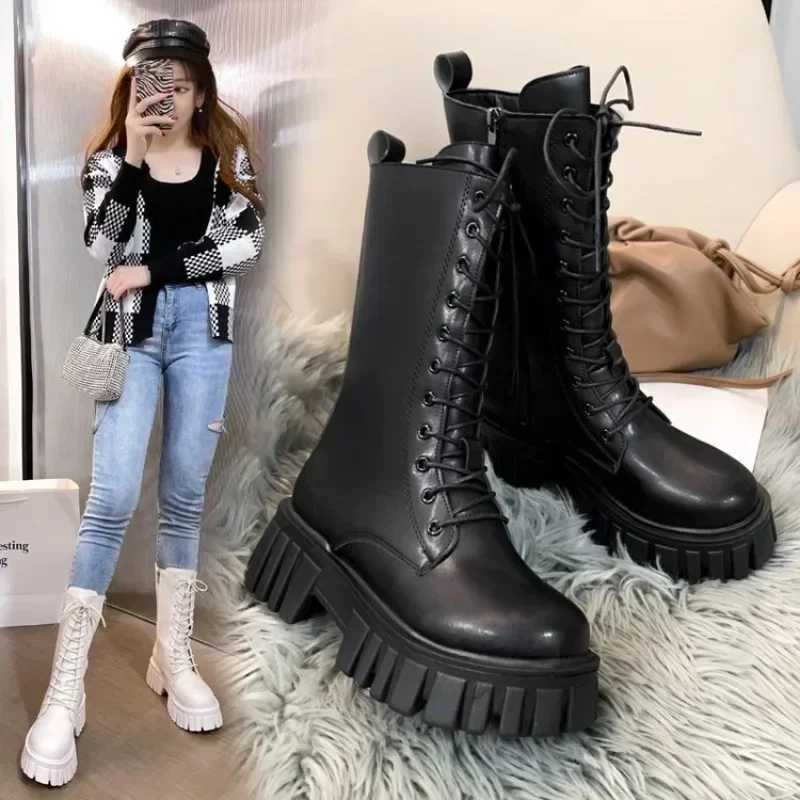 2024Womens Boots Fi Mid Calf Boot PU Leather Casual Boots N-Slip Platform Boots for Women Lace Up Ankle Boot Botas MujerXJ250217